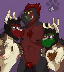 2018 anthro blush cervine dinosaur father father_and_son group kamos_(sylvanedadeer) male mammal muscular nude parent petplay pup_hood raptor reptile roleplay scalie smile son sylvane sylvanedadeer tagg tattoo theropod yaoi