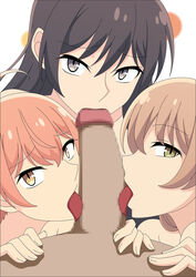 1boy 3girls atelier_gons censored collaborative_fellatio fellatio koito_yuu looking_at_viewer multiple_fellatio nanami_touko oral penis pov saeki_sayaka straight teamwork yagate_kimi_ni_naru