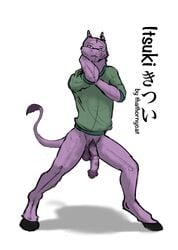 animal_genitalia animal_penis anthro balls colored feral fur furry furry_only horn itsuki_(いつき) male male_only outside penis pullover shaded simple_background solo standing thathornycat