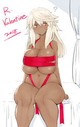 1girls 2018 :< ? abs amber_eyes bed breasts bursting_breasts dark-skinned_female dark_skin eyelashes female female_only guilty_gear guilty_gear_xrd highres huge_breasts human libre long_hair looking_at_viewer naked_ribbon navel nipple_slip nipples orange_eyes partially_nude pixiv ramlethal_valentine ribbon sitting slightly_chubby solo text thick_thighs toned underboob valentine's_day white_background white_hair wide_hips