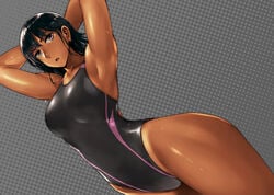 1girls armpits arms_behind_back arms_up ass bikini black_hair breasts dark-skinned_female dark_skin female female_only high_leg_swimsuit human one-piece_swimsuit pixiv plain_background purple_eyes shiny_skin solo sweat takebouzu waist