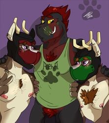 2018 anthro cervine clothing dinosaur father father_and_son group kamos_(sylvanedadeer) male mammal muscular nude parent petplay pup_hood raptor reptile roleplay scalie smile son sylvane sylvanedadeer tagg tattoo theropod yaoi