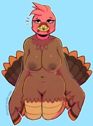 anthro areola avian beak big_breasts bird bra breasts clothing feathered_wings feathers female fur furry furry_only kneeling looking_up nipples non-mammal_breasts pussy sin_bruh slightly_chubby solo thick_thighs turkey underwear watermark wide_hips wings