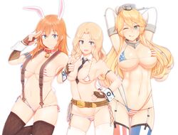 3girls ;q alternate_costume american_flag american_flag_bikini american_flag_legwear animal_ears armband arms_behind_head arms_up bangs belt between_breasts bikini black_legwear blonde_hair blue_eyes blush breasts bunny_ears cameltoe charlotte_e_yeager cleavage collar cowboy_shot crossover detached_collar eyelashes female female_only fingerless_gloves flag_print garter_straps girls_und_panzer gloves hair_between_eyes hand_on_hip headgear human iowa_(kantai_collection) kantai_collection kay_(girls_und_panzer) large_breasts long_hair looking_at_viewer micro_bikini multi-strapped_bikini multiple_girls navel necktie necktie_between_breasts one_eye_closed orange_eyes orange_hair osterei pointing pointing_at_viewer salute shiny_skin side-tie_bikini skimpy skindentation smile star star-shaped_pupils star_print stockings strike_witches string_bikini striped striped_legwear suspenders swimsuit symbol-shaped_pupils thigh_gap thighhighs toned tongue tongue_out vertical-striped_legwear vertical_stripes white_legwear world_witches_series wrist_cuffs