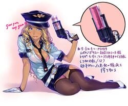 arm_support artificial_vagina beltskirt blue_skirt bra breasts bubuzuke cleavage cross_section curly_hair dark_skin gal_kanshu_rina-chan_no_m_otoko-ka_seikyouiku_shidou gloves gun gyaru japanese_text kuro_gyaru large_breasts mini_skirt onahole panties pantyshot police_hat policewoman pose revolver see-through skirt smile text translation_request weapon white_belt wide_hips x-ray