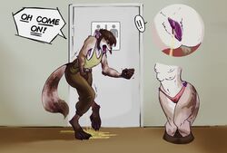 2018 4_breasts anthro bathroom boshideaway breasts brown_fur brown_hair cameltoe canid canine canis closed_eyes clothed clothing dialogue english_text female fully_clothed fur hair holding_crotch knock-kneed mammal multi_breast multicolored_fur nipples omorashi panties peeing peeing_self pink_panties potty_dance pussy solo speech_bubble standing tears teeth text tongue underwear urinating urine urine_pool wetting white_fur