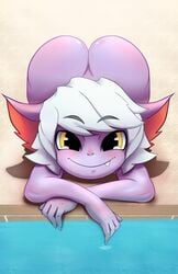 apple_butt ass ass_up big_ears fangs league_of_legends pool purple_skin raised_eyebrows smile smiling top-down_bottom-up tristana unit-h white_hair yellow_eyes yordle