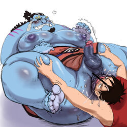 2boys anus bara big big_belly blue_skin boner erection fat fish-men_(one_piece) gay jinbe male male_only obese obese_male one_piece overweight overweight_male rimming shark xen yaoi