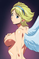 angel_wings blonde_hair blue_eyes breasts breath_of_fire breath_of_fire_i covering covering_breasts female hand_on_own_breast ichijiku looking_at_viewer medium_breasts nina_(breath_of_fire_i) nude short_hair solo white_wings wings