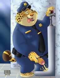 benjamin_clawhauser claws clothing disney feline harkin_theflyinghog male male_only mammal peeing peeing_into_urinal penis solo urinal urine watersports zootopia