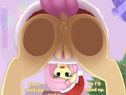 anus augustbebel christmas clitoris dialogue english_text equine eyelashes female feral fluttershy_(mlp) friendship_is_magic hat holidays mammal my_little_pony non-anthro open_mouth pussy rear_view santa_hat solo text