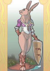 anthro bottomless clothed clothing crestfallenartist female lagomorph looking_at_viewer mammal pussy rabbit shield solo standing