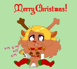 after_sex anthro antlers bell black_eyes blonde_hair breasts chibi christmas collar cum cum_in_pussy cum_inside deer deltarune elbow_gloves female female_only freckles fucked_silly furry gloves heart-shaped_pupils hoshime long_hair naked nipple_ribbon noelle_holiday nude red_nose reindeer solo stockings sweat text thighhighs undertale