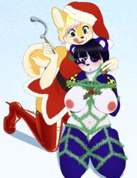 big_breasts bound breasts canine chimangetsu christmas clothing dildo female fingerless_gloves fur furry furry_only garland gloves hat holidays mammal panda popsicle_(character) pussy raine_(chimangetsu) rope rope_bondage rope_harness saliva saliva_string santa_hat saucy sex_toy shiba_inu slightly_chubby ursine