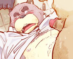 2014 anthro belly blush canine clothed clothing cum fur furry furry_only garouzuki gay group male male_only mammal nipples open_shirt overweight overweight_male penis shirt sweat tanuki yaoi