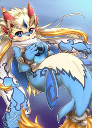 ambiguous_gender animal_genitalia blonde_hair blue_eyes blue_fur blue_skin blush bracelet claws fur genital_slit hair horokusa0519 hybrid jewelry long_hair looking_at_viewer male_only marine multicolored_fur shaorune slit smile solo tales_of_(series) tales_of_rebirth two_tone_fur video_games white_fur white_skin