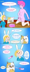 1boy 2girls adventure_time bukkake cake_the_cat clothed_female_nude_male comic cum_on_clothes cum_on_face facial fionna_the_human_girl masturbation prince_gumball princeluca