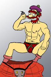 alcohol beard bulge flaccid grin groundskeeper_willie human kilt male male_focus male_only penis_outline red_hair rvroovie99 solo the_simpsons topless underwear undressing