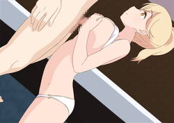 bare_arms bare_legs bare_shoulders bikini bikini_lift blonde_hair breast_squeeze breasts censored closed_mouth female from_side highres large_breasts legs looking_at_another matching_hair/eyes mosaic_censoring outercourse paizuri penis ponytail solo_focus standing sunohara_ayaka sunoharasou_no_kanrinin-san swimsuit thighs tied_hair white_bikini yellow_eyes