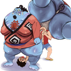 2boys bfuckr big_ass blue_skin bulge fat fish-men_(one_piece) flaccid gay jinbe male male_only moobs obese obese_male one_piece overweight overweight_male peeping shark size_difference xen yaoi