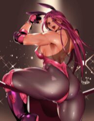 >:d :d animated arms_up ass bare_shoulders blush boots bowalia breasts bunnysuit female fingerless_gloves gloves highleg highleg_leotard huge_ass hybrid_animation large_breasts leotard long_hair looking_at_viewer looking_back muscle muscular_female open_mouth original purple_hair red_eyes shaking_butt smile solo stroke_(animator) thick_thighs thighs third-party_edit toned twerking wrestling_outfit wrestling_ring