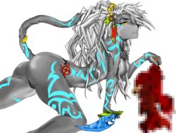 2018 absurd_res anthro ass breasts censored chest_tuft duo fatima_eaglefeather feline fur grey_fur hair hair_ornament hi_res holding_object knife looking_at_viewer mammal nude predator/prey pussy sdorica_sunset solo_focus thecynicalviet tuft white_hair yellow_sclera