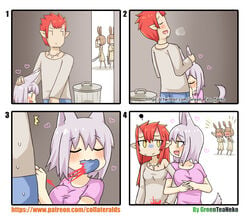 /\/\/\ 1boy 4girls 4koma :3 :d absurdres animal_ears arm_up artist_name bangs blood blue_pants blunt_bangs blush breasts brown_dress brown_hair brown_shirt bunny_ears cellphone cleaver closed_eyes closed_mouth comedy comic commentary_request dog_ears dog_girl dog_tail dress drooling erection erection_under_clothes eye_contact facial_hair fellatio feminization funny gender_transformation genderswap_(mtf) gradient greenteaneko heart heavy_breathing highres holding holding_cellphone holding_club holding_phone horns humor large_breasts long_hair long_sleeves looking_at_another m2f male_to_female mongirl_4koma mtf_transformation multiple_girls nose_blush open_mouth oral original pants phone pink_shirt profile purple_hair red_hair rule_63 saliva shirt short_hair silent_comic small_breasts smile straight stubble sweat tail transformation trash_can turn_pale watermark web_address yellow_eyes yuri
