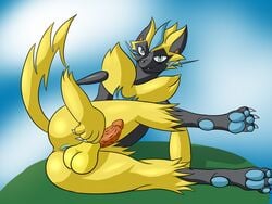 1boy 2018 anus ass claws darell-sama erection ero_kitsune_(artist) feet feline feral fur furry looking_at_viewer male male_only mammal nintendo nude paws penis pokémon_(species) pokemon pokemon_usm simple_background solo testicles video_games yellow_fur zeraora