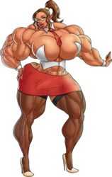 abs bare_shoulders biceps big_lips big_muscles breasts brown_hair calves earrings extreme_muscles female glasses green_eyes high_heels highres huge_breasts large_breasts looking_at_viewer moxydoxy muscles muscular muscular_female navel necktie pantyhose pointy_ears ponytail solo thick_thighs tie