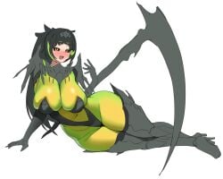1girls amber_eyes armor big_breasts bile_titan black_hair black_sclera bracers clothing_request cuisse cuisses elbow_gloves female female_only front_view gauntlet gauntlets gorget greaves green_body green_hair green_skin grey_armor gya_rb helldivers high_heels huge_breasts huge_hips inner_hair leotard light-skinned_female lime_body long_hair looking_at_viewer lying_on_side mismatched_eyebrows on_side overflowing_breasts ponytail scythe slit_pupils solo stiletto_heels thick_thighs thighhighs two-tone_hair two-tone_skin two_tone_hair two_tone_skin vambraces white_background yellow_eyebrows yellow_eyes