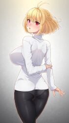 ahoge arcueid_brunestud arms_behind_back big_breasts black_legwear blonde_hair blush female female_only fully_clothed hi_res huge_breasts kemurin long_sleeves looking_at_viewer looking_back panties panties_under_pantyhose pantyhose rear_view red_eyes short_hair sideboob slit_pupils solo sweater tsukihime turtleneck turtleneck_sweater type-moon wide_hips