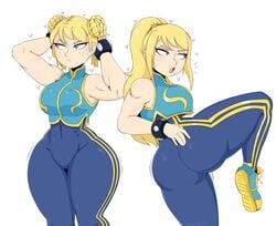 1girls abs ass beauty_mark big_ass big_breasts big_butt bimbo blonde_hair blue_eyes breasts bubble_ass capcom chun-li_(cosplay) cosplay crossover dat_ass female female_only hips hourglass_figure huge_ass huge_breasts jinu metroid multiple_poses muscles muscular_female nintendo open_mouth ponytail samus_aran solo street_fighter thick_thighs thigh thighs thin_waist tight_clothing wide_hips