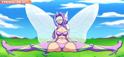 4_wings background big_breasts breasts butterfly butterfly_wings cameltoe cleavage covered_eyes digimon digimon_(species) digimon_frontier fairimon fairy fairy_wings fairymon female kazemon legs legs_open patreon patreon_logo purple_hair reit visor wings