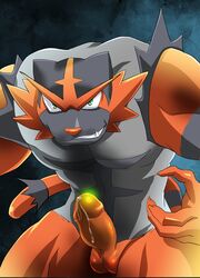 1boy 2018 abs alios anthro black_fur claws erection feline fur furry grey_fur grin humanoid_penis incineroar male male_only mammal muscular muscular_male nintendo no_nipples nude penis pokémon_(species) pokemon pokemon_sm precum red_fur smile solo teeth testicles thick_thighs video_games wet