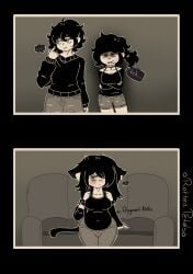 1boy 2girls andrew_graves angry annoyed arm_warmers ashley_graves bangs_over_one_eye black_hair blush cat_ears chocker comic dark_aura female freckles green_eyes julia_(the_coffin_of_andy_and_leyley) male neko nervous_expression pink_hair ponytail pregnant_female rottenpetals shy sitting_on_couch sweatdrop the_coffin_of_andy_and_leyley yellow_eyes