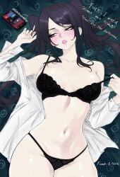 1girls belly_button big_breasts black_bra black_hair black_panties blush bra breasts clothing dollar_sign english_text female julianne_stingray laying_down laying_on_bed legs_together lia-chan_(liachaaann) light-skinned_female light_skin matching_underwear panties phone purple_eyes shirt smartphone text twintails unbuttoned unbuttoned_shirt va-11_hall-a white_shirt wide_hips