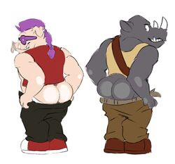 ass bebop clothed clothing derghaze looking_back male male_only mammal mooning on_glass open_pants pants_down partially_clothed porcine rear_view rhinoceros rocksteady simple_background teasing teenage_mutant_ninja_turtles warthog white_background yaoi