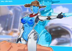 1boy 1girls android areolae big_ass big_breasts big_penis bluesky_username bouncing_breasts breasts cowboy_hat cowgirl_position echo_(overwatch) female female_on_top finger_gun hat hologram large_breasts nude omnic overwatch overwatch_2 penetration pussy riding robot robot_girl sex vaginal_penetration wild-waifu