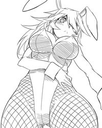 animal_ear_hairband black_general blush breasts bunny_ears bunny_suit bunnysuit eyepatch female fishnets mugenjin official_art precarious_woman_executive_miss_black_general solo solo_female thick_thighs wide_hips