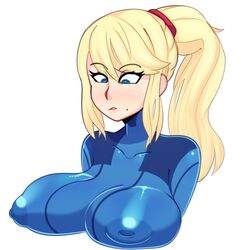 big_breasts blonde_hair blue_eyes bodysuit breasts cleavage erect_nipples female female_only large_areolae large_breasts metroid mole_under_mouth nintendo ponytail puffy_nipples samus_aran sidelocks skin_tight solo somescrub zero_suit zero_suit_samus