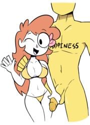 2018 bikini black_eyes breasts cfnm clothed_female clothed_female_nude_male clothing female hand_on_shoulder happiness_(personification) happy looking_at_viewer male miscon nude_male orange_hair owlturd penis penis_grab red_hair ribbon rule_63 shen_(shencomix) shencomix straight text white_background wink