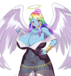 angel angel_wings big_breasts blue_skin bracelet cleavage dress eonbound female fur furry furry_only goddess halo huge_breasts jewelry large_breasts milf multicolored_hair nail_polish nails phessian pointy_ears rainbow_hair see-through solo thong xaessya zetarok