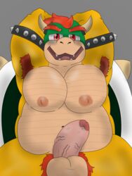 1boy armpit_hair armpits arms_behind_head arms_up balls big_balls big_penis bowser chubby foreskin grey_background hands_behind_head helixdrawsstuff horn horns huge_cock looking_at_viewer male male_only mario_(series) musclegut muscles muscular nintendo nipples open_mouth pecs penis pubic_hair red_eyes red_hair shell simple_background smile solo testicles uncircumcised uncut vein veiny_penis
