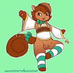 2018 acorn anthro balancing balls blush bottomless brown_eyes brown_fur brown_hair clothed clothing electrikestorm flaccid fur girly green_background hair hat hi_res leg_warmers legwear male mammal on_one_leg partially_clothed pawpads penis ribbons rodent sciurid simple_background skimpy solo standing striped_legwear stripes