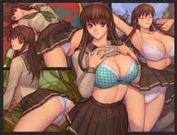 bra breasts brown_hair brown_skirt dead_or_alive female hitomi_(doa) huge_breasts ibanen long_hair looking_at_viewer panties school_uniform shirt_lift skirt upskirt