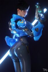 3d blender blizzard_entertainment clothed clothing gun latex looking_at_viewer overwatch shiny tagme tracer vulpeculy