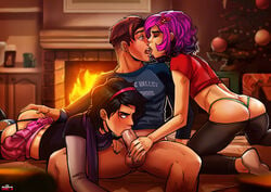 2boys absurdres alexis_(andava) andava andavaverse androgynous ankle_socks anklehighs ass balls bisexual bisexual_male black_hair bottomless brother_and_sister brown_hair christmas christmas_tree crossdressing erect_penis erection fellatio female femboy fireplace g-string gay girly hair_ribbon hand_on_ass hand_on_penis highres human incest kissing light-skinned_femboy looking_at_another male male_with_painted_nails mmf_threesome nick_(andava) open_mouth oral panties pants_down pelo penis purple_hair scarf shirt_up skirt_up socks testicles threesome tongue tongue_out trap white_skin white_socks yaoi