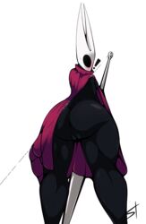 2018 anthro anus arthropod ass black_skin blush breasts cape cloak clothing featureless female hi_res hollow_knight hornet_(hollow_knight) humanoid insects looking_at_viewer melee_weapon nipples pussy solo standing standing_tough surprise video_games weapon