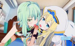 1boy 2girls 3d animated blinking blonde_hair blue_eyes clothes collaborative_fellatio double_fellatio elf fellatio female goblin_slayer green_eyes green_hair hat high_elf_archer_(goblin_slayer) licking long_hair looking_at_viewer male male_pov multiple_fellatio multiple_girls no_sound oral penis pointy_ears pov priestess_(goblin_slayer) sex short_hair_with_long_locks skinny_penis straight threesome uncensored video