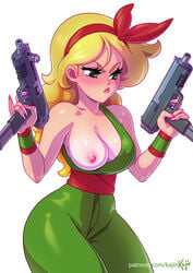 1girls areolae bad_launch bandana bimbo blonde_hair breasts cosplay dragon_ball female female_only green_eyes gun guns hourglass_figure kajinman launch lipstick lunch_(dragon_ball) nail_polish nipples one_breast_out pink_nails solo submachine_gun tien_shinhan_(cosplay) uzi weapon